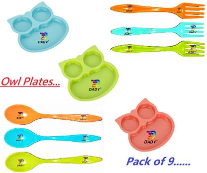 Dady Unbreakbale Owl Shaped Kids Snack Serving Plate with Spoons (Pack of 9 items)  - plastic