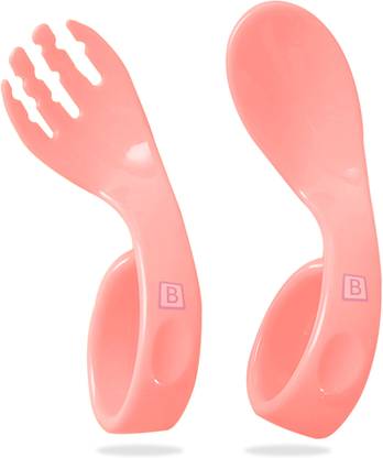 Bembika Baby Training Spoon Curved Spoon, Baby Spoon and Fork Set - (Coral).  - Plastic