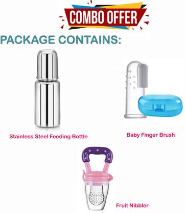 kityshop Steel feeding bottel with fruit feeder and silicone toothbrush finger  - Steel