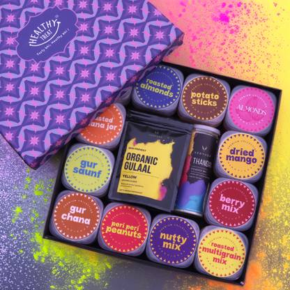 Healthy Treat Delight Holi Gift Hamper with Herbal Gulal | Thandai, Dry Fruit Snacks & Berries Assorted Gift Box