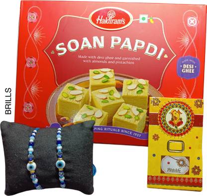 Brills Set of 2 Evil Eye Rakhi, 500 Gm Haldiram Desi Ghee Soan Papdi, Roli, chawal - Assorted Gift Box