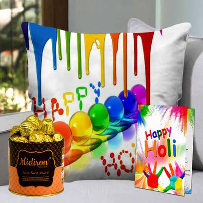 Midiron Holi Gift Set | Holi Hamper |Holi Printed Cushion | Holi Greeting Card Fiber Gift Box