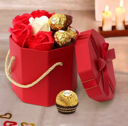 TIED RIBBONS Valentine's Day Gift for Boys, Fiance, Girlfriend, Boyfriend, Him Combo Pack (Faux Rose (Petal Soap), Ferrero Rocher Chocolate Box and Gift Box with Hanging Loop) Plastic Gift Box