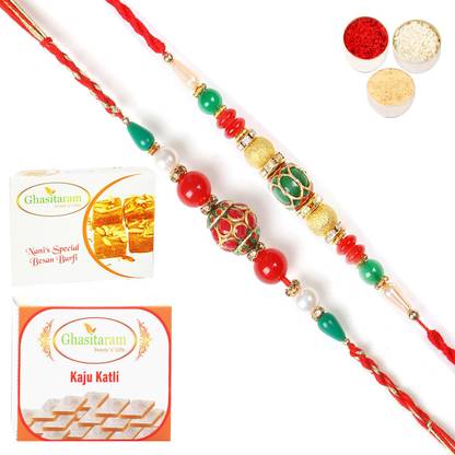 Ghasitaram Gifts Set of 2 268, 270 Fancy Rakhis with-Besan Barfi 200g ,Kaju Katli 200g Plastic Gift Box