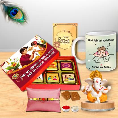Midiron Rakhi for Brother – Chocolate, Mug & Beautiful Rakhi Gift Combo with Ganesh Idol Assorted Gift Box