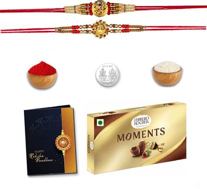 SKY VOGUE 2 Rakhi with Choclate Box ,Roli, Chawal, Silver Coin and Card Q2-604-803-MOMENTS Assorted Gift Box