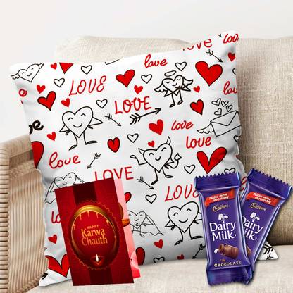 Midiron Happy Karwa Chauth Printed Cushion with Greeting Card, Chocolate Microfibre Gift Box