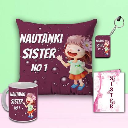 AWANI TRENDS Nautanki Sister No.1 - Quoted Mug & Cushion | Birthday Rakshabandhan Ceramic, Microfibre, Paper Gift Box