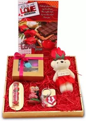 MANTOUSS Chocolate Box+Teddy with Rose+ Couple Statue+Message Bottle+Key Chain+Card Paper Plastic Gift Box