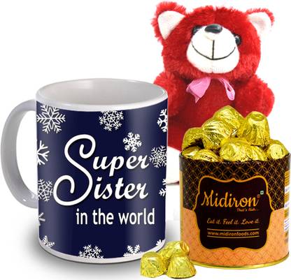 Midiron Coffee Mug with Red Teedy and Chocolate Gifts IZ19Sister-08 Ceramic, Silk Gift Box