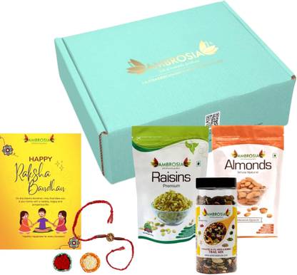 AMBROSIA Classic Dry Fruits Gift Box with Rakhi Tikka & Greeting Card Festive Pack Wooden Gift Box
