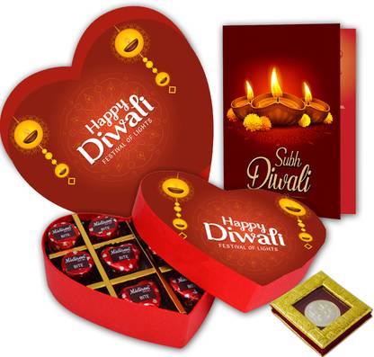 Midiron Diwali Gift Hamper with Chocolate Box, Diwali Card, Silver Coin Paper Gift Box
