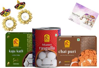 BHIKHARAM CHANDMAL Rasgulla 500 Gm | Chai Puri 220 Gm | Kaju Katli 225 Gm | Premium Gift Holder Plastic Gift Box