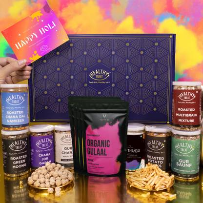 Healthy Treat Khushiyan Holi Gift Hamper | Healthy Snacks, Thandai, Herbal Gulal & Holi Card Assorted Gift Box
