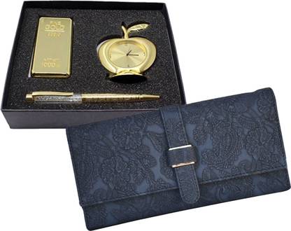 Saugat Traders Anniversary Gift for Couples - Women Clutch- Table Clock, Pen and Paper Weight Gold Gift Box