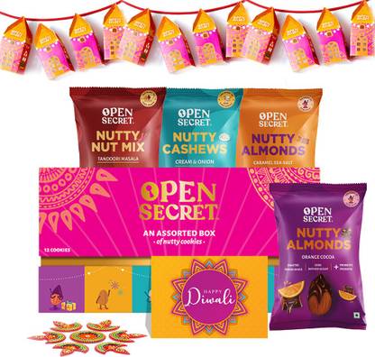 OPEN SECRET Diwali Gift Box for Family Friends Employees | Assorted Cookies, Nuts, Rangoli Cotton, Paper, Plastic, Assorted Gift Box