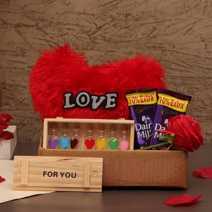 TIED RIBBONS Valentine Gifts for Boyfriend Girlfriend Husband Wife Girls Boys - Message Bottle Gift for Love - Love Gift Pack (Love Messages Bottle Box ,Cushion, Artificial Rose and Chocolates) Assorted Gift Box