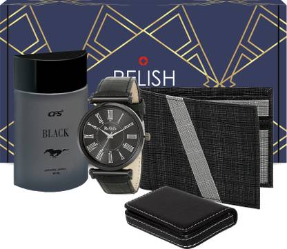 Relish black Watch ,Wallet, Perfume,and Card Holder Combo for Men.. Paper Gift Box