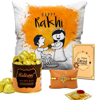 Midiron Raksha Bandhan Printed Cushion with Filler | Rakhi Gift for Bhai Tin -94 Paper Gift Box