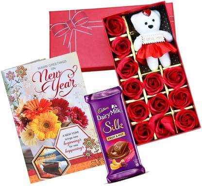 Saugat Traders New Year Gift for Girlfriend, Boyfriend - Chocolate, Greeting Card, Red Rose Paper Gift Box