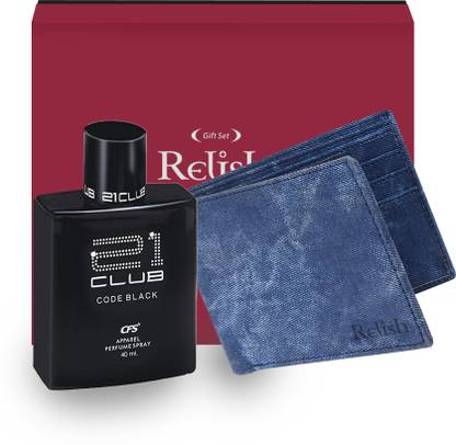 Relish PU Leather Denim Wallet and CFS Perfume Combo for Men Paper Gift Box