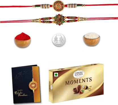 SKY VOGUE 2 Rakhi with Choclate Box ,Roli, Chawal, Silver Coin, Card Q2-1507-1107-MOMENTS Cotton Gift Box