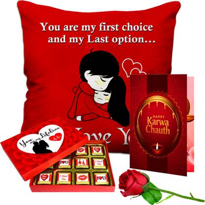Midiron Karwachauth Gifts for Wife, Ladies, Bhabhi with Chocolate, Cushion, Card, Rose Microfibre Gift Box