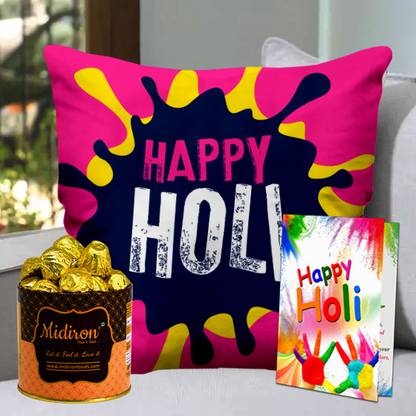 Midiron Happy Holi Printed Cushion | Happy Holi Greeting Card| Handmade Chocolates Fiber Gift Box