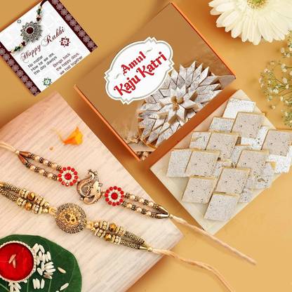 TIED RIBBONS Rakhi for Brother Men with Sweets - Set of 2 Rakhis with Amul Kaju Katli Gift Cotton Gift Box