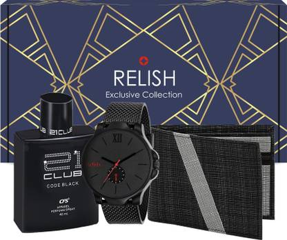 Relish Boys Gift Combo Black Watch, Wallet, Perfume | Gift Pack for Every Occasions. Assorted Gift Box
