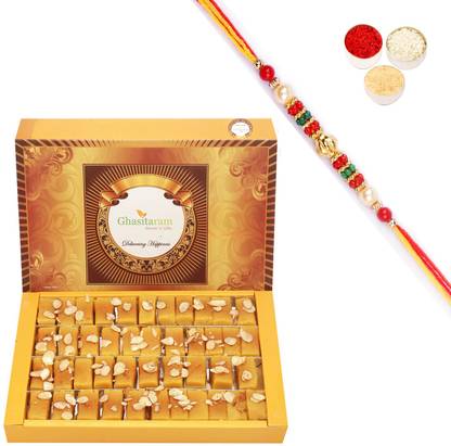 Ghasitaram Gifts Soft Mysore pak (800 gms) with Pearl Beads Rakhi Assorted Gift Box