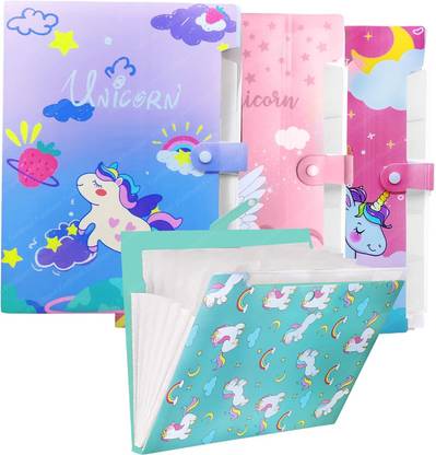 Sanchi Creation Plastic File Unicorn A4 Paper File Folder With Button Lock Pack Of 4 Pcs Unicorn Theme Certificates Holder With 6 Pockets,Office Documents File,Expandable Folders For Documents