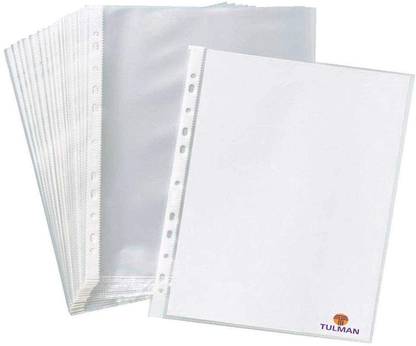 TULMAN 100 Pcs A4 Size 150 Micron Thickness Leaf Document Sleeves Waterproof Clear Sheet Protector 11 Holes Punch Ring File