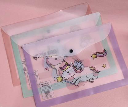 AMANVANI Plastic Unicorn Plastic A4 Envelope Folder, Documents File Storage Bag with Lock Button, Document File Folder for Certificates Assorted Colours (Pack of 4)