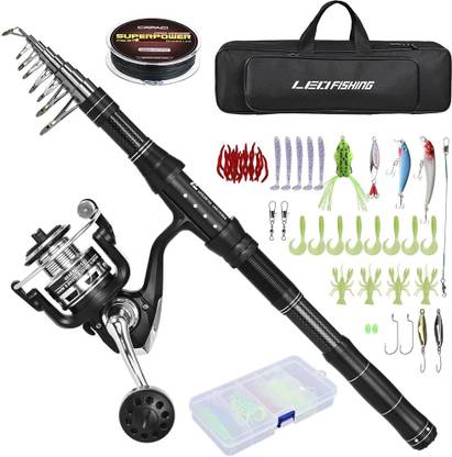 PROBEROS Fishing Rod Reel Combo Telescopic Fishing Rod with Fishing Line, Fishing Lures Kit & Accessories and Carrier Bag Black Fishing Rod