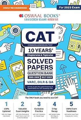 Oswaal CAT 10 Years' Chapter-wise and Topic-wise Solved Papers Question Bank 2005-2008, 2017-2022 VARC, DILR & QA (For 2023 Exam)