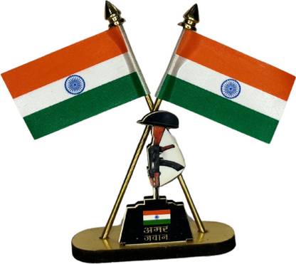 He and She SHOPPINGS Indian Flag Cross Design with Amar Jawan Symbol Stand for Car Dashboard Rectangle Car Window Flag