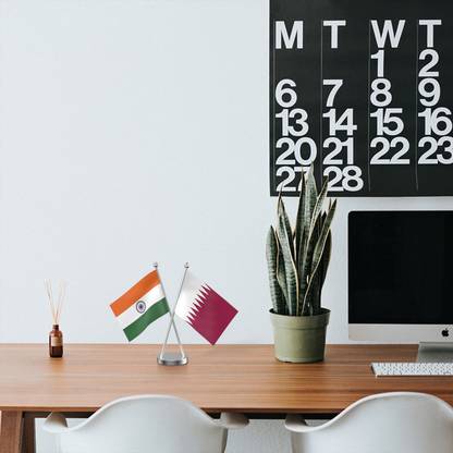 The Flag Company India and Qatar Table Flag With Stainless Steel Base and Pole Rectangle Table Miniature Flag