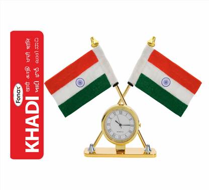 Fonax with Quartz Watch Flag with Brass Pole &Base,Office Desk &Corporate Gift & Rectangle Car Dashboard Flag