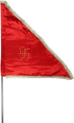 DOKCHAN Handmade Red Swastik Satan Silk Flag With Gota Kiran Golden Border Rectangle Outdoor Flag