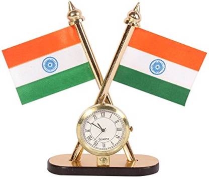 Kromtec Double-Sided India Flag With Elegant Quartz Clock for Office Table, Study Table Double Sided Wind Car Dashboard Flag