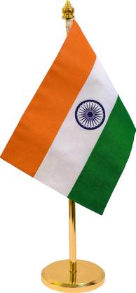ZAHEPA Indian Table Flag of Khadi Fabric with Gold Plated Metal Base A-Foldable Table Miniature Flag