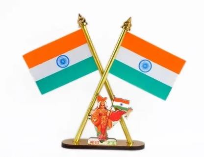 ANAYA ENT Indian Flag Cross Design with Bharat MATA Symbol Stand for Car Dashboard Square Car Dashboard Flag