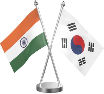 The Flag Company India and South Korea Table Flag With Stainless Steel Base Rectangle Table Miniature Flag