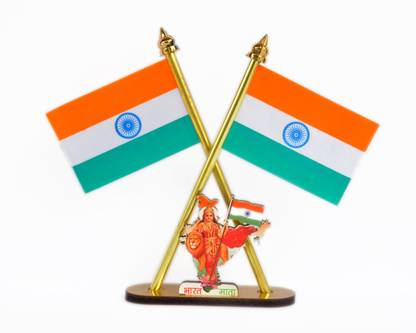 He and She SHOPPINGS Indian Flag Cross Design with Bharat MATA Symbol Stand for Car Dashboard Rectangle Car Dashboard Flag