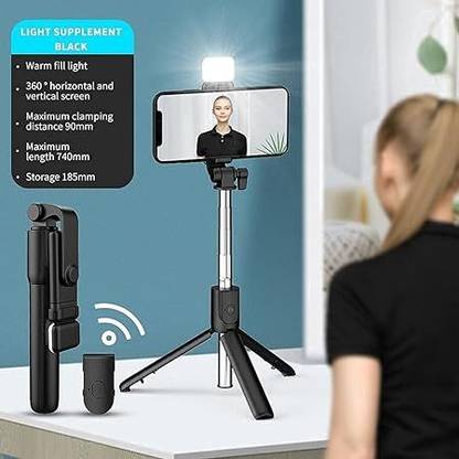 SHAH ENTERPRISES R1S Bluetooth Selfie Stick with Remote and LED Selfie Light Flash Flash