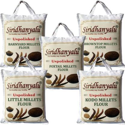 siridhanyalu Unpolished Millet Flour Combo Kodo Little Foxtail Browntop Barnyard Atta (Powder