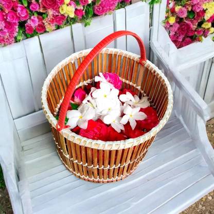 HakSap Bamboo Handmade Flower Basket with Handle For Pooja And Wedding | Flower Pot | Bamboo Flower Basket