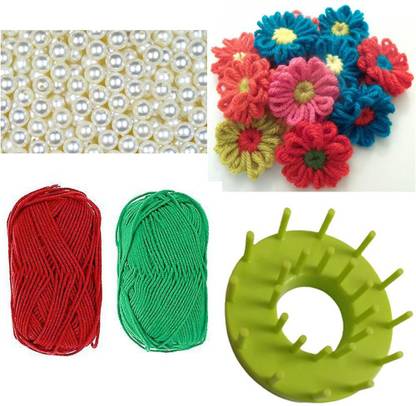 DANI DARI Woolen Flower Making Tool Loom with Free Woolen Threads and White Pearl Beads