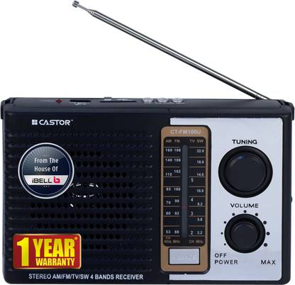 CASTOR CTFM100U Portable Radio, USBSDMP3 Player & Dynamic Speaker 4 Band, Black FM Radio